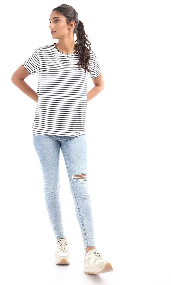 95038 Striped High Low White & Navy Blue Top