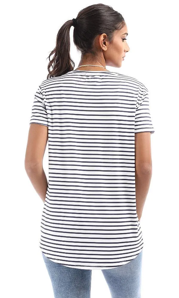 95038 Striped High Low White & Navy Blue Top