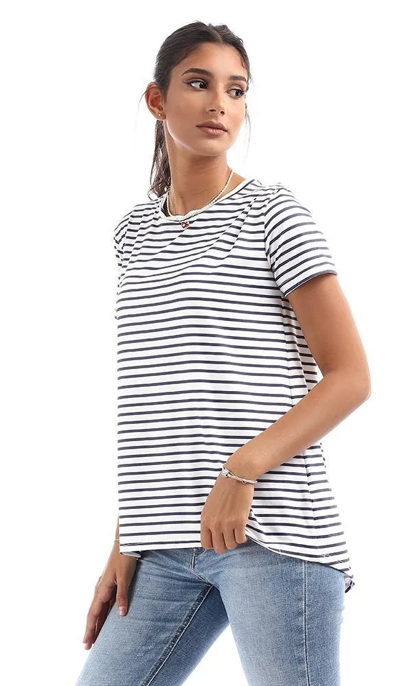 95038 Striped High Low White & Navy Blue Top