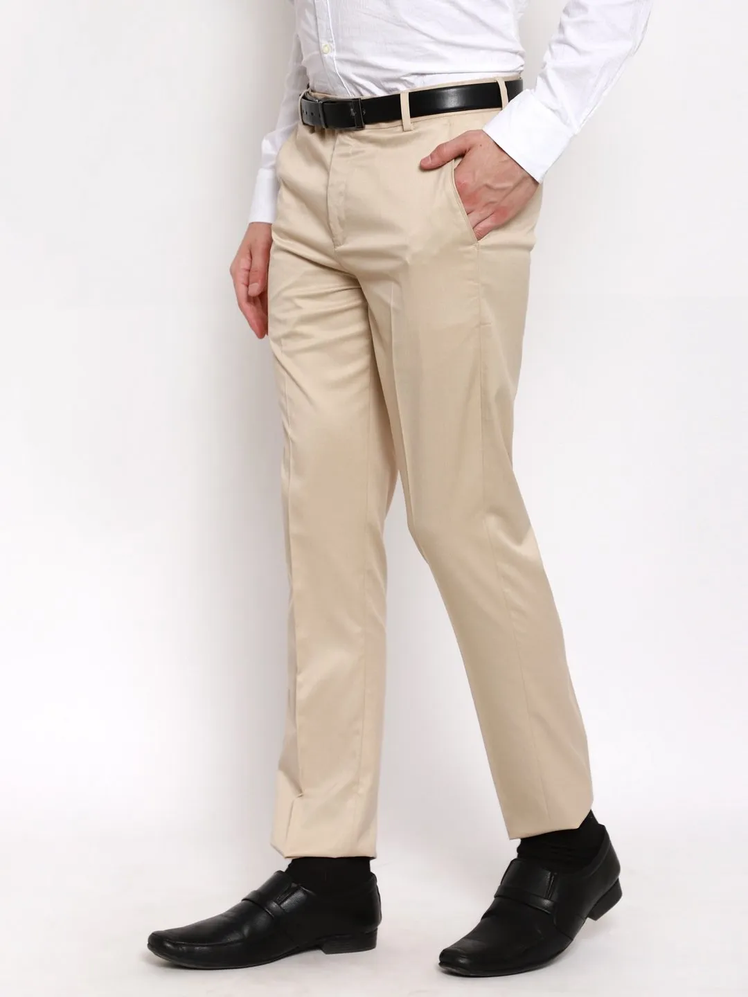 AmericanElm Men's Beige Solid Slim Fit stretchable Formal Trouser