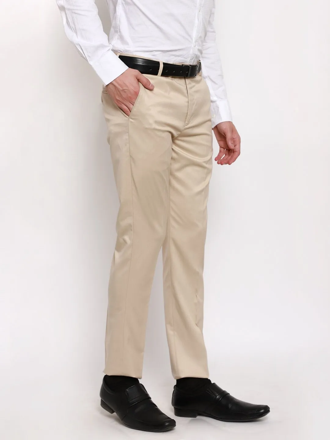 AmericanElm Men's Beige Solid Slim Fit stretchable Formal Trouser