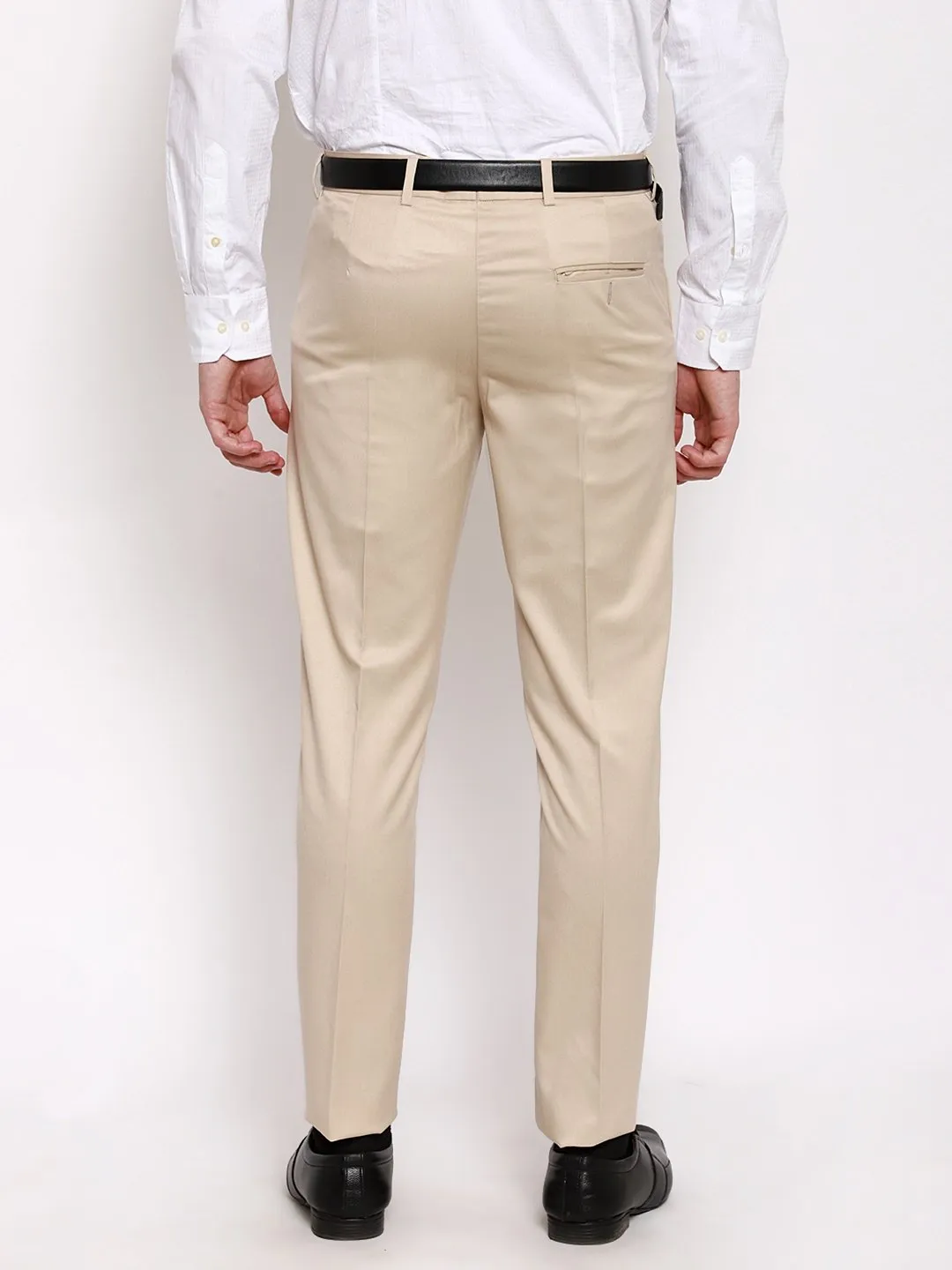 AmericanElm Men's Beige Solid Slim Fit stretchable Formal Trouser