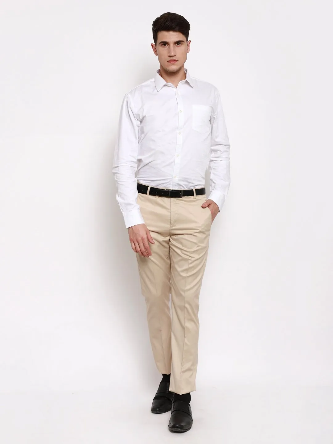 AmericanElm Men's Beige Solid Slim Fit stretchable Formal Trouser