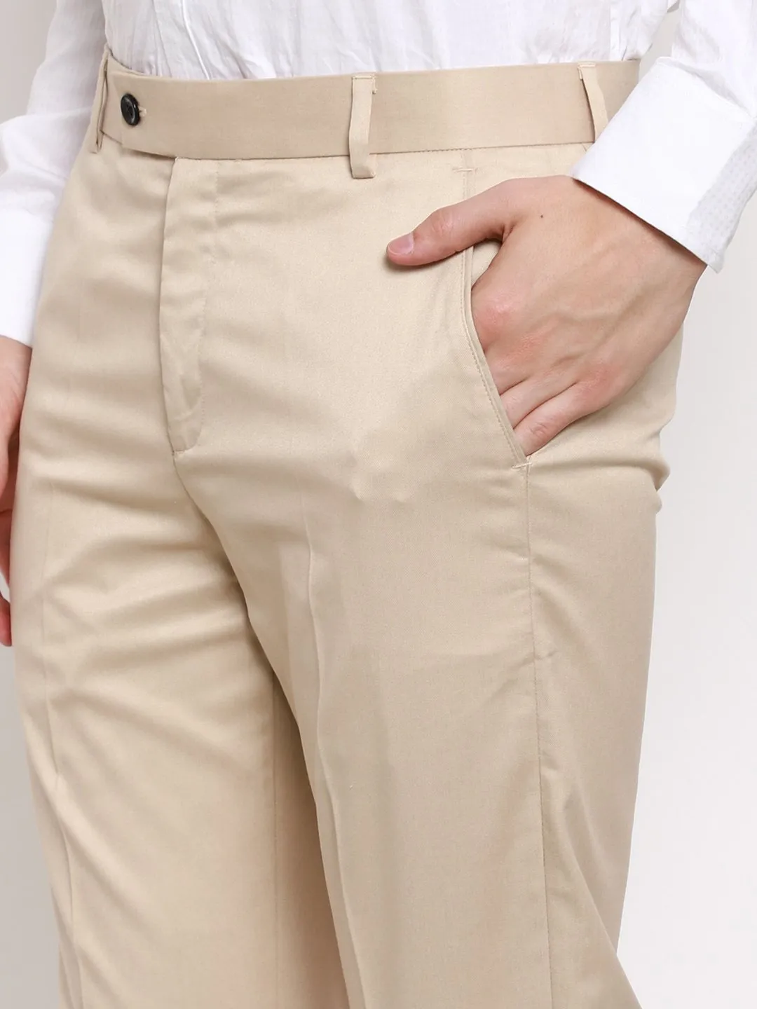 AmericanElm Men's Beige Solid Slim Fit stretchable Formal Trouser