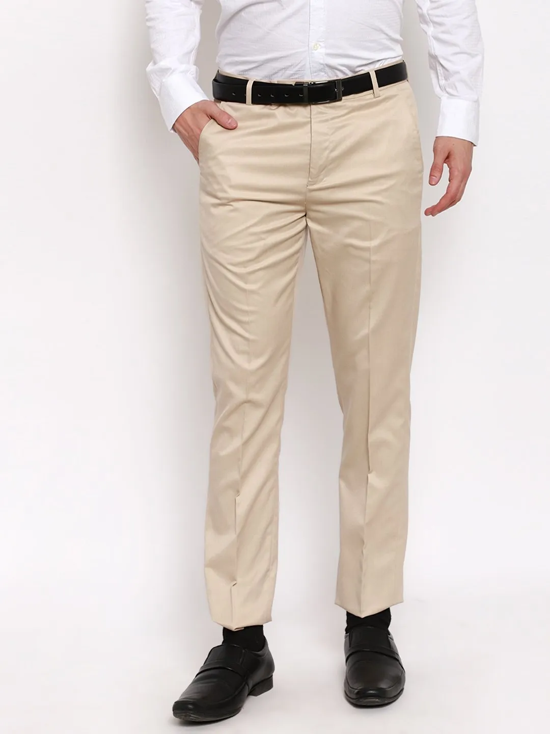 AmericanElm Men's Beige Solid Slim Fit stretchable Formal Trouser