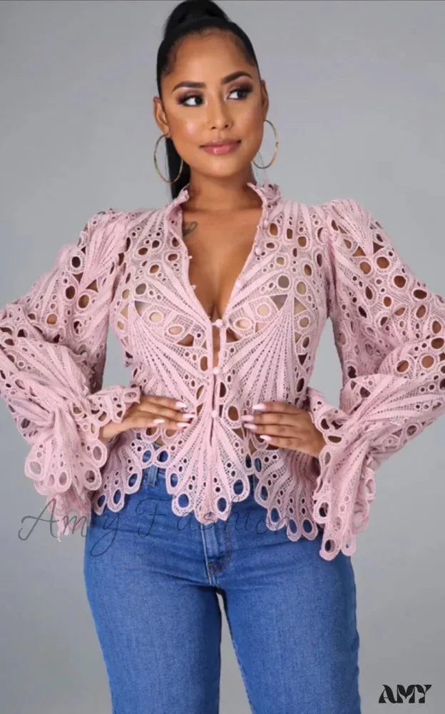 Amy Fashion - Elegant Lace See Though Ruffles Lantern Blouse