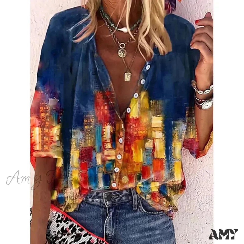 Amy Fashion - Elegant Loose Abstraction Print Shirt