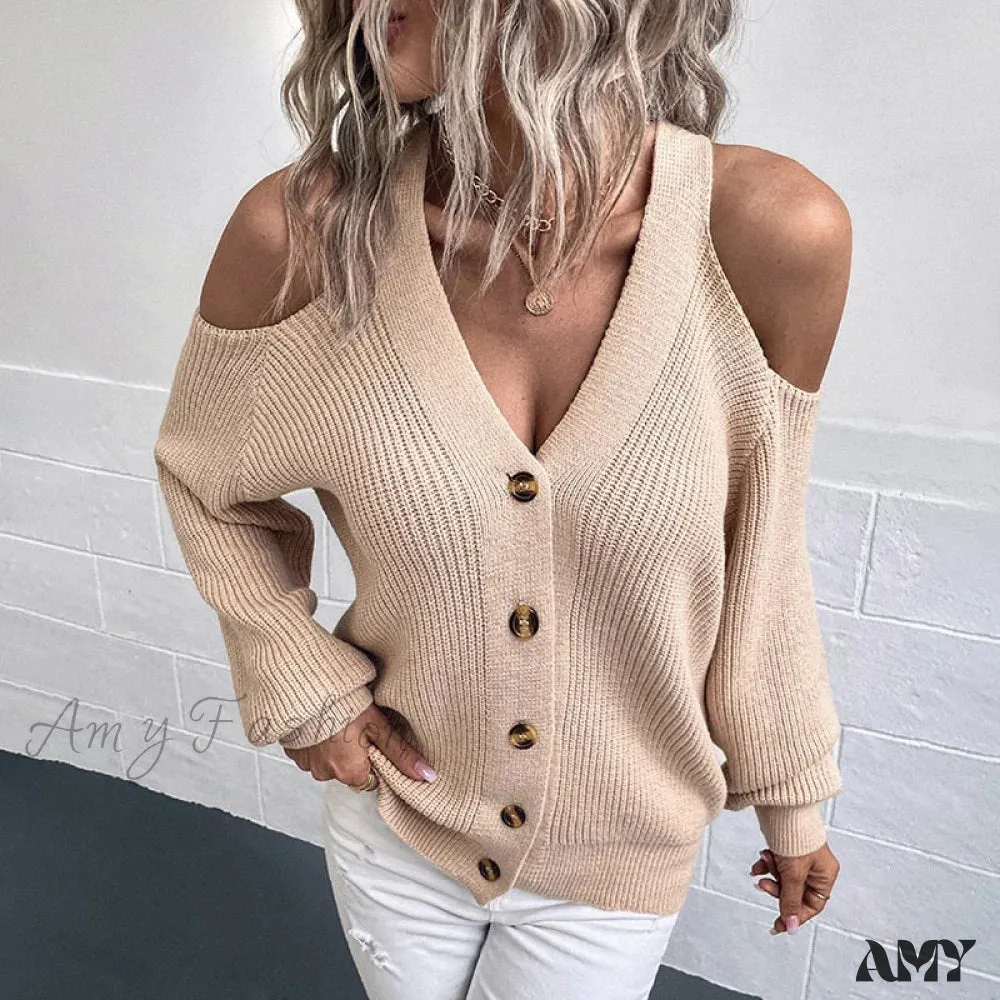 Amy Fashion - Off Shoulder Sweater High Quality Simple Knit Cardigan