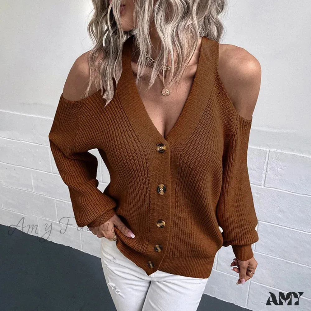 Amy Fashion - Off Shoulder Sweater High Quality Simple Knit Cardigan