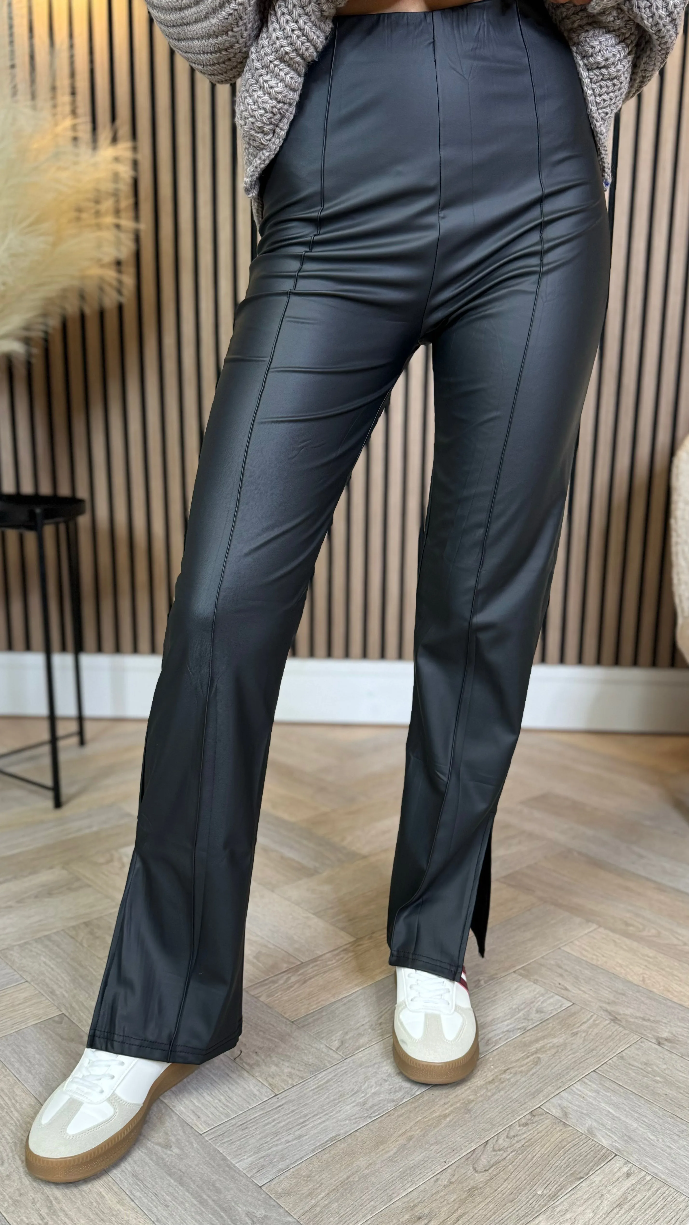 Andi Black Straight Leg Leather Look Trousers