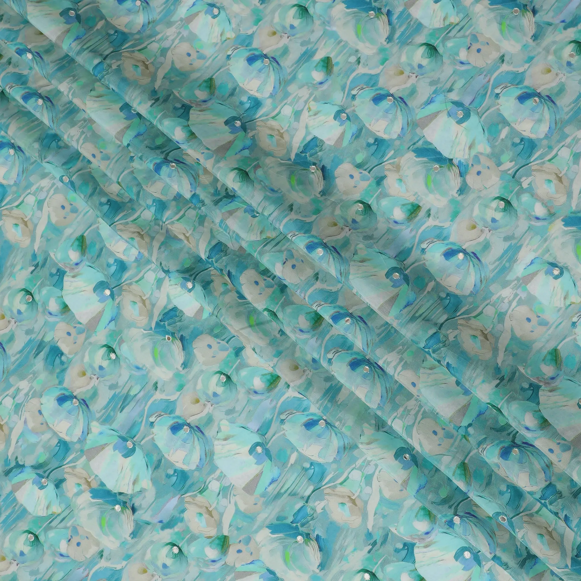 Aqua Blue and White Floral Viscose Crepe Printed Fabric - 110 cm Wide-D20011