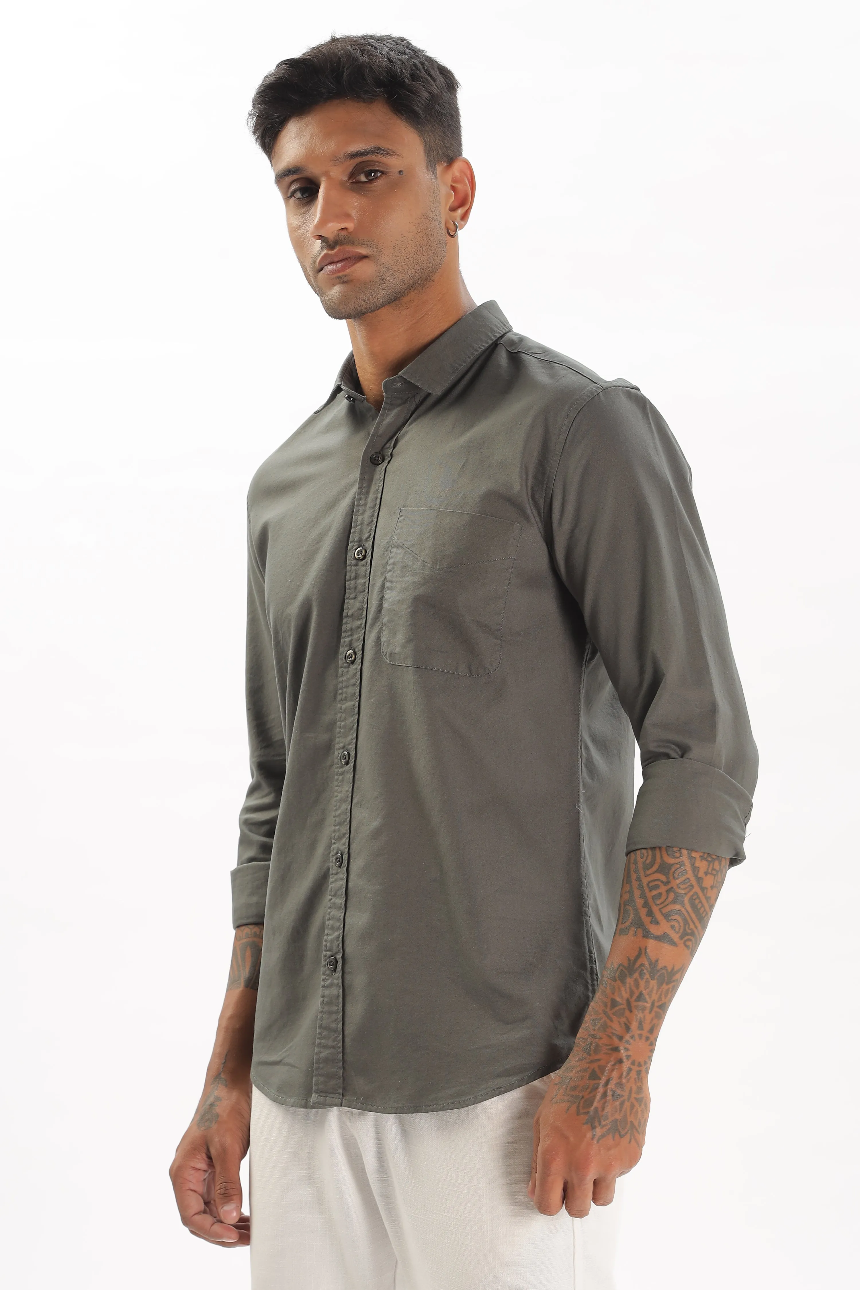 Army Green Regular Fit Plain Full Sleeve Shirt