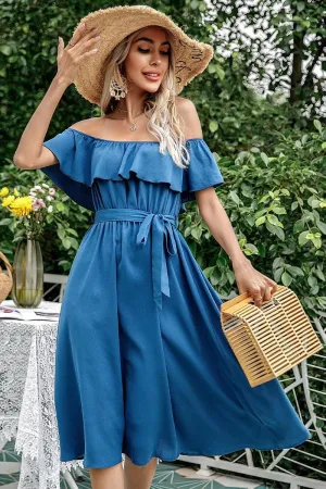 BIG RUFFLE LACE OFF SHOULDER TIED WAIST DRESS