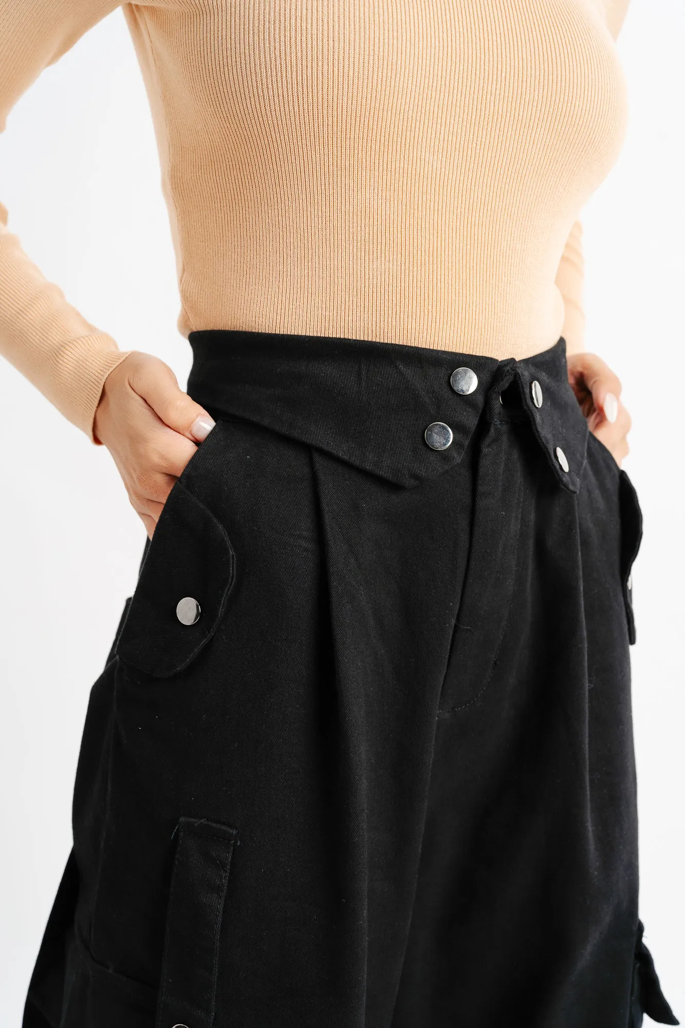 Black Flap Detail Waistband Cargos