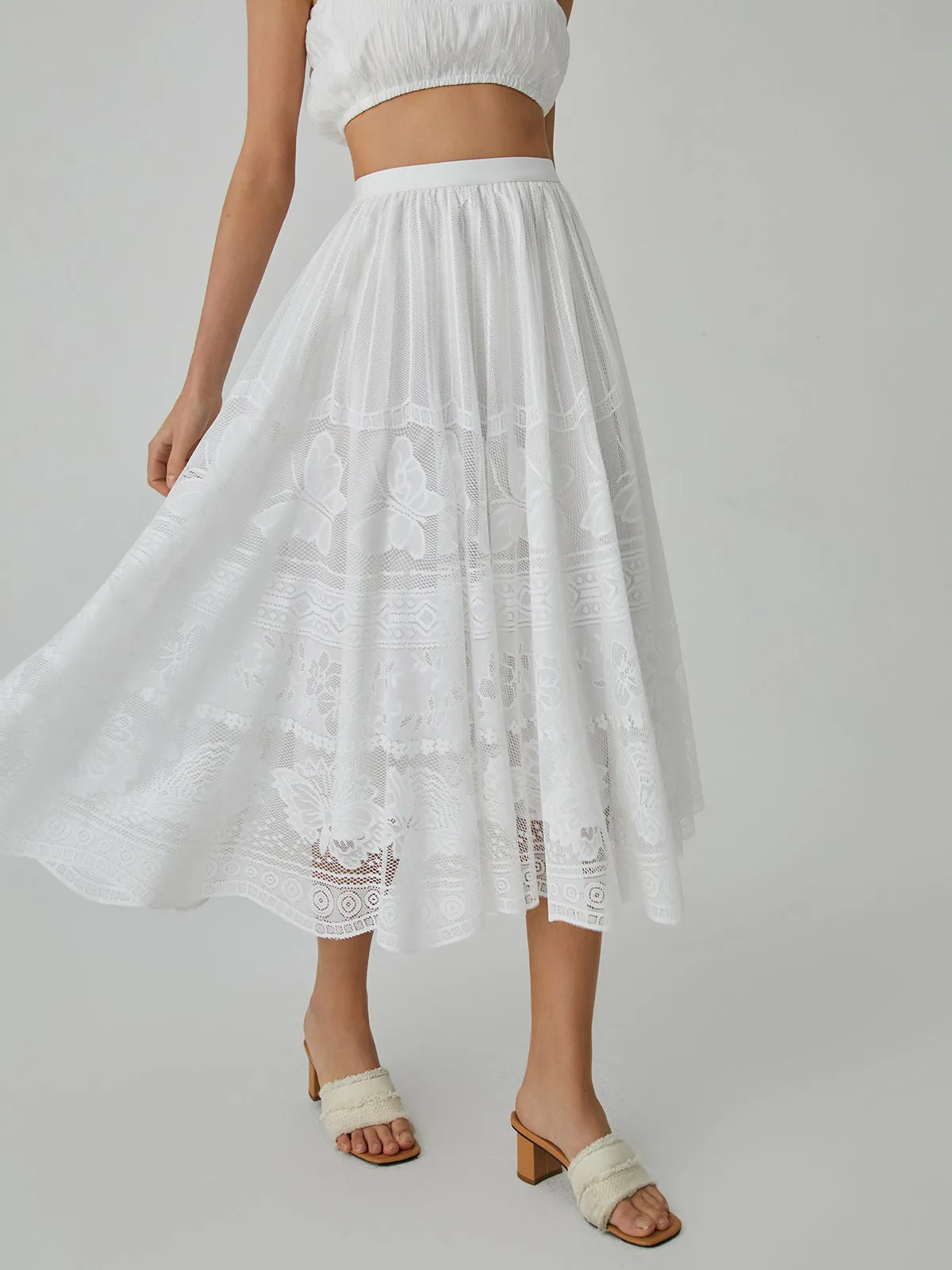 Butterfly Pattern Graceful Eyelet Midi Skirt