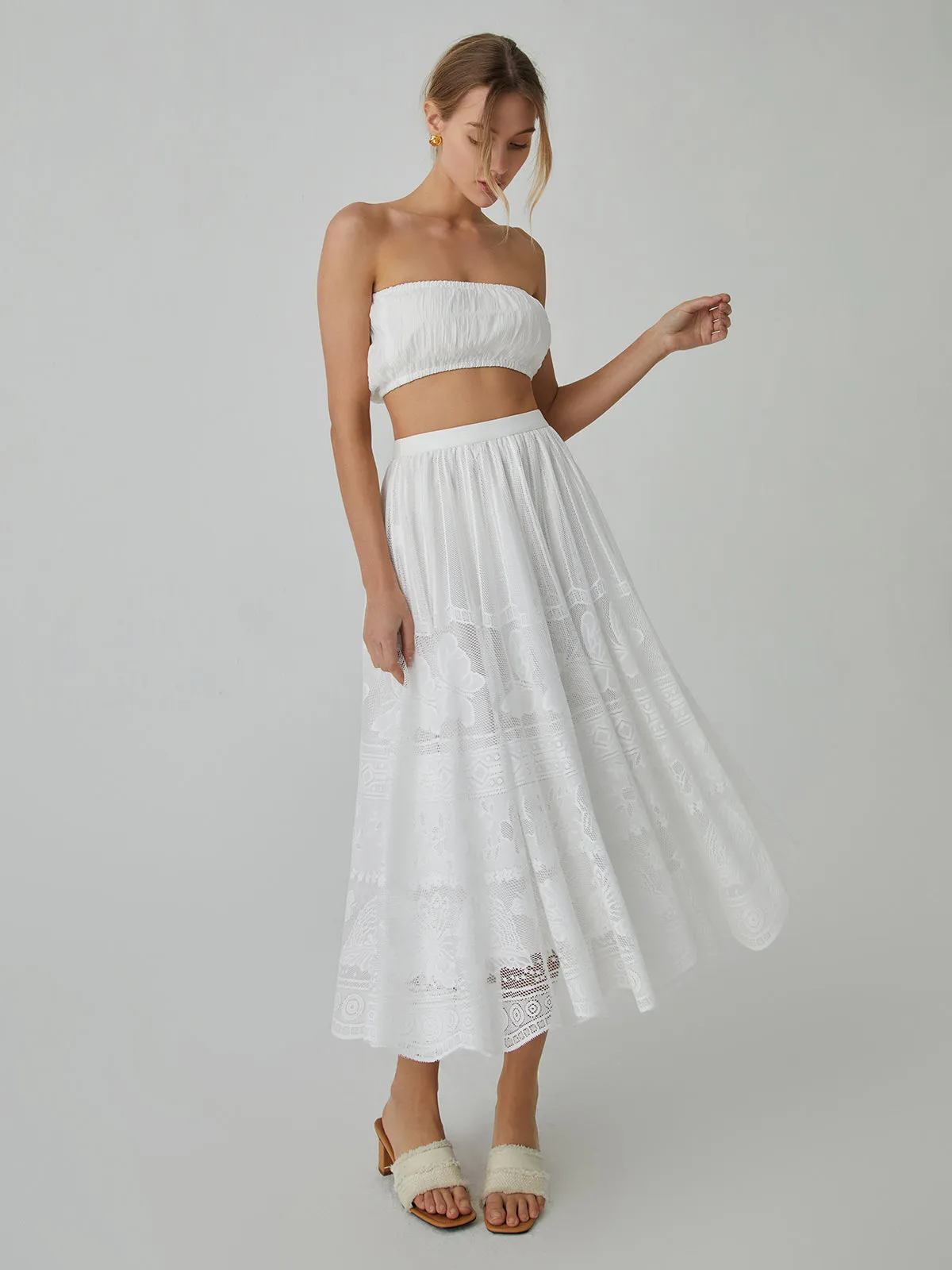 Butterfly Pattern Graceful Eyelet Midi Skirt