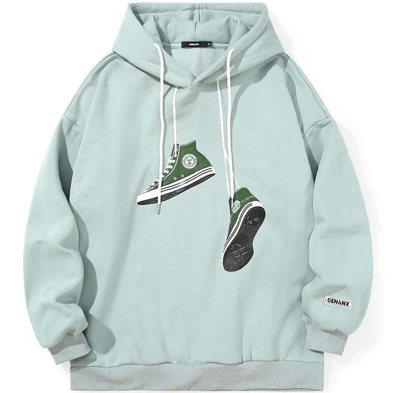 Canvas Shoes Print Drop-Shoulder Sleeve Hoodies