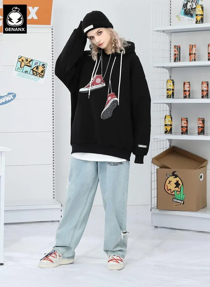 Canvas Shoes Print Drop-Shoulder Sleeve Hoodies