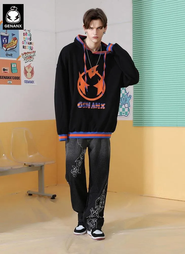 Cartoon Print Stripe Drawstring Hoodies