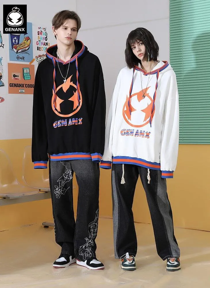 Cartoon Print Stripe Drawstring Hoodies