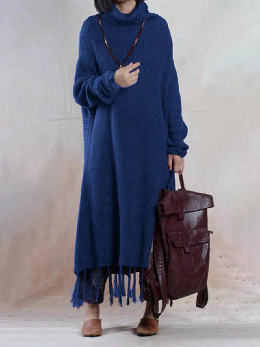 Casual Loose Tassel Hem Women'S Knitted Dress