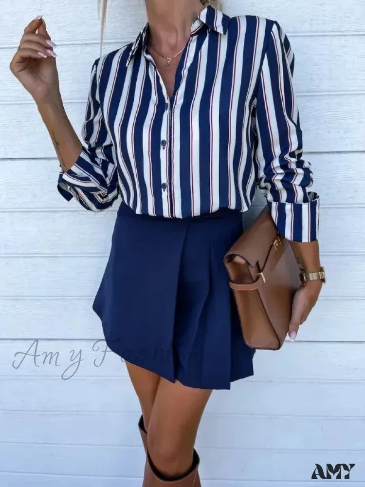 Casual Striped Vintage Elegant Youth Button Up Blouse