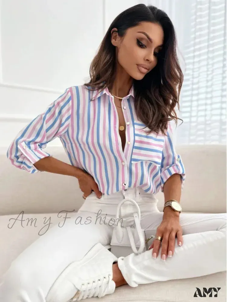 Casual Striped Vintage Elegant Youth Button Up Blouse