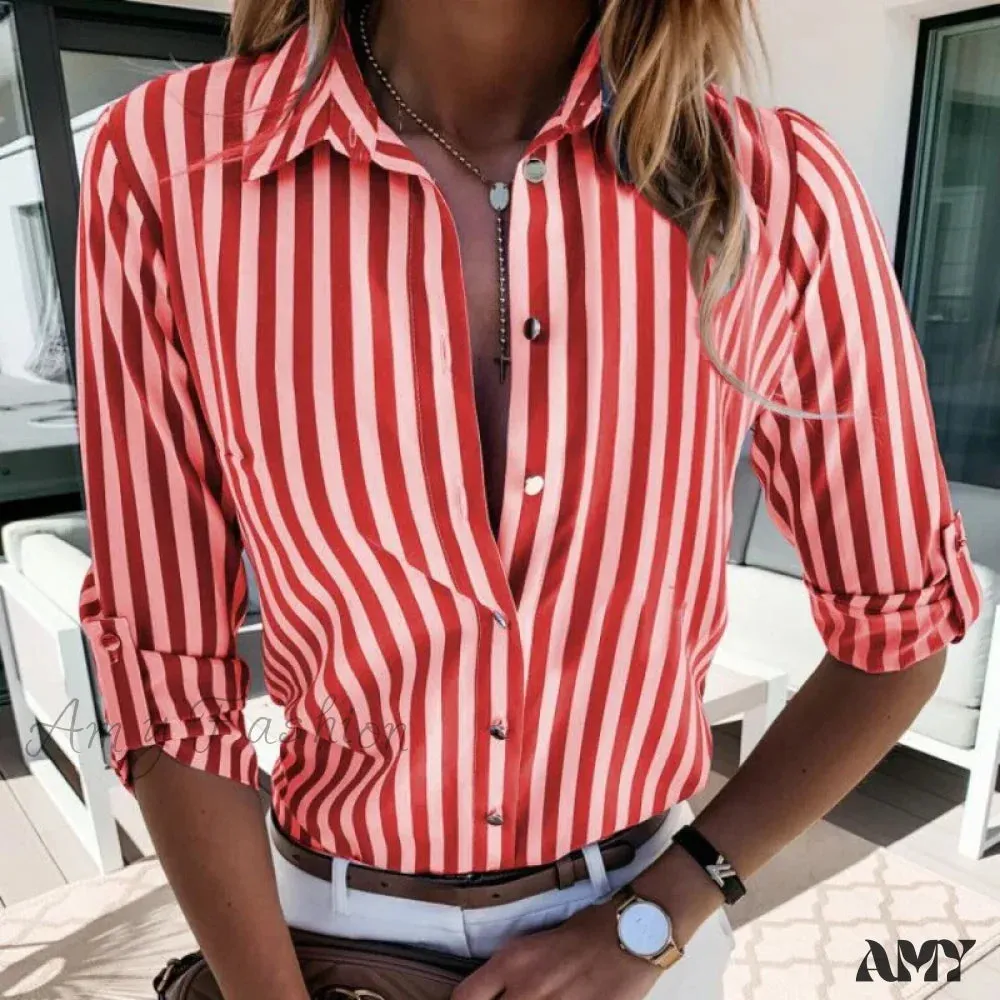 Casual Striped Vintage Elegant Youth Button Up Blouse