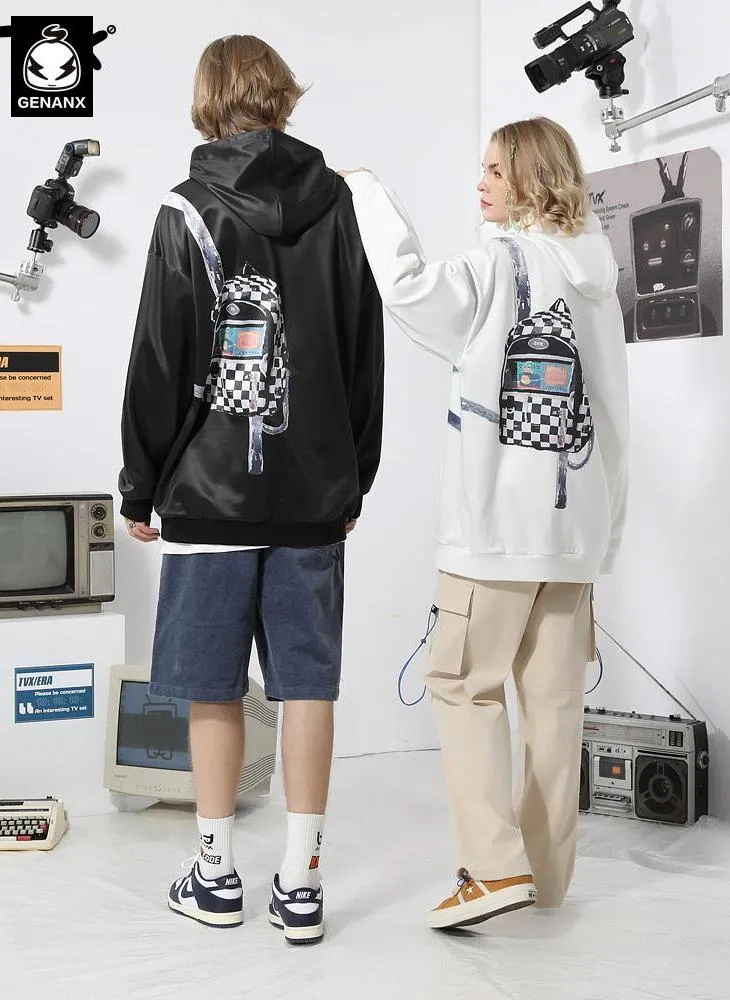 Checkerboard Backpack Print Fleece Hoodies