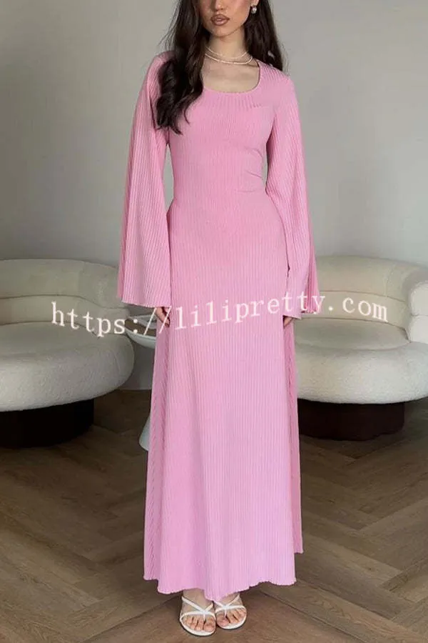 Comfortable Elegance Ribbed Bell Long Sleeve Stretch Maxi Dress