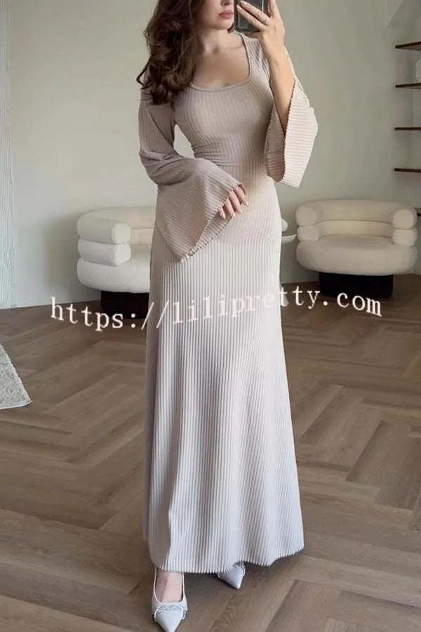 Comfortable Elegance Ribbed Bell Long Sleeve Stretch Maxi Dress