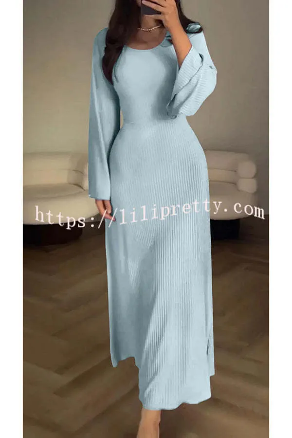 Comfortable Elegance Ribbed Bell Long Sleeve Stretch Maxi Dress