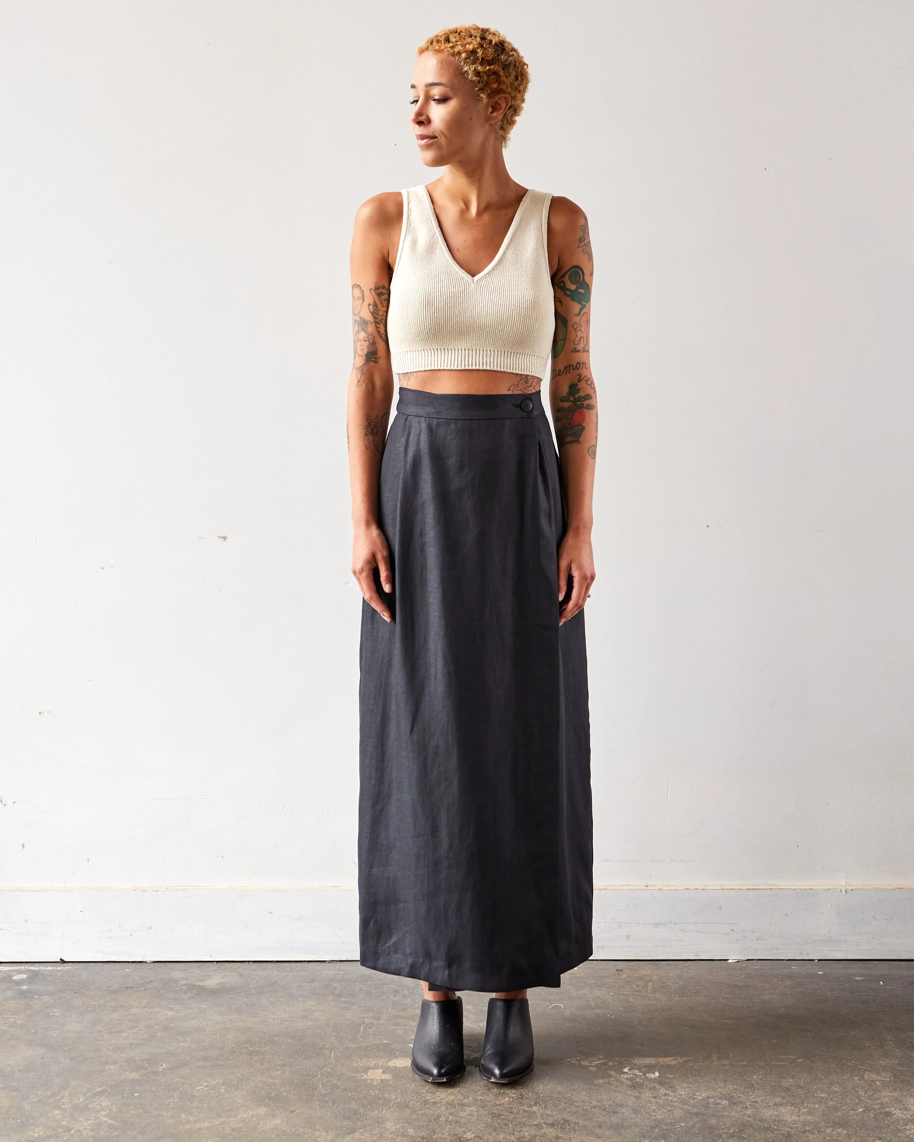 Cordera Linen Long Skirt, Black