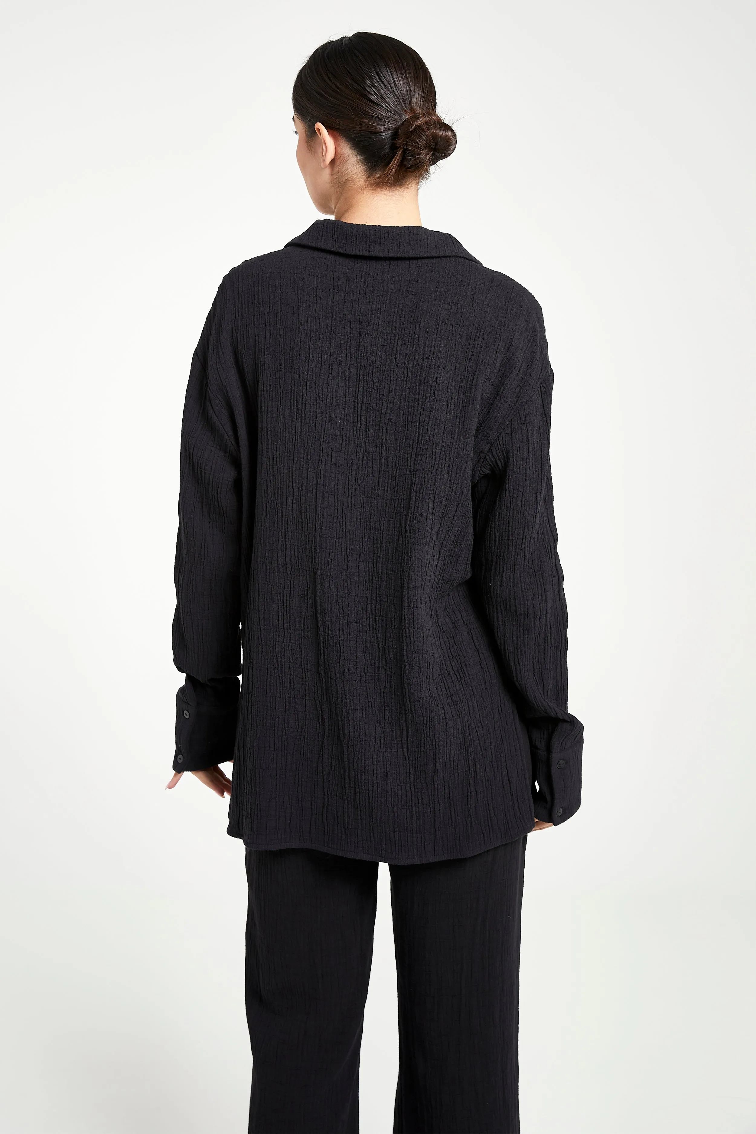 Cotton Crinkle Oversized Shirt - Black