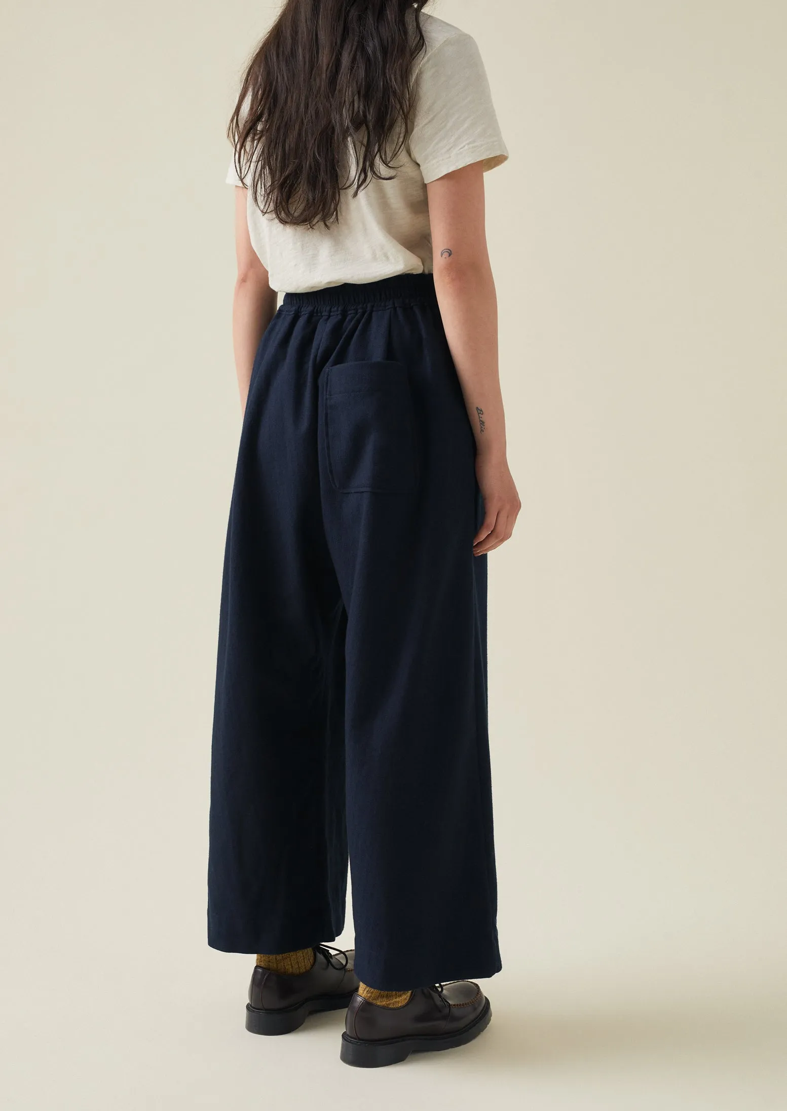 Cotton Wool Herringbone Pull On Trousers | Dark Navy