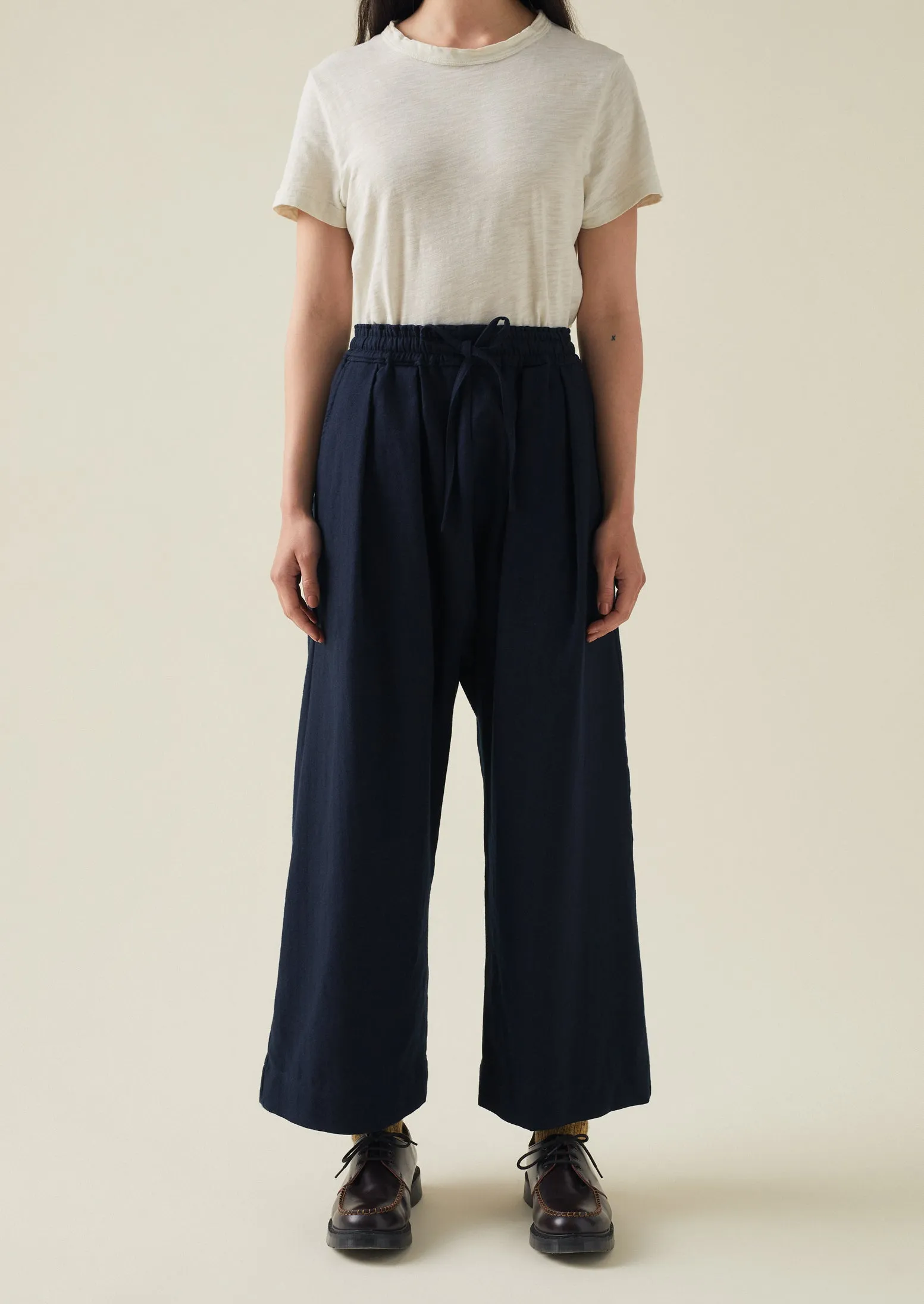 Cotton Wool Herringbone Pull On Trousers | Dark Navy