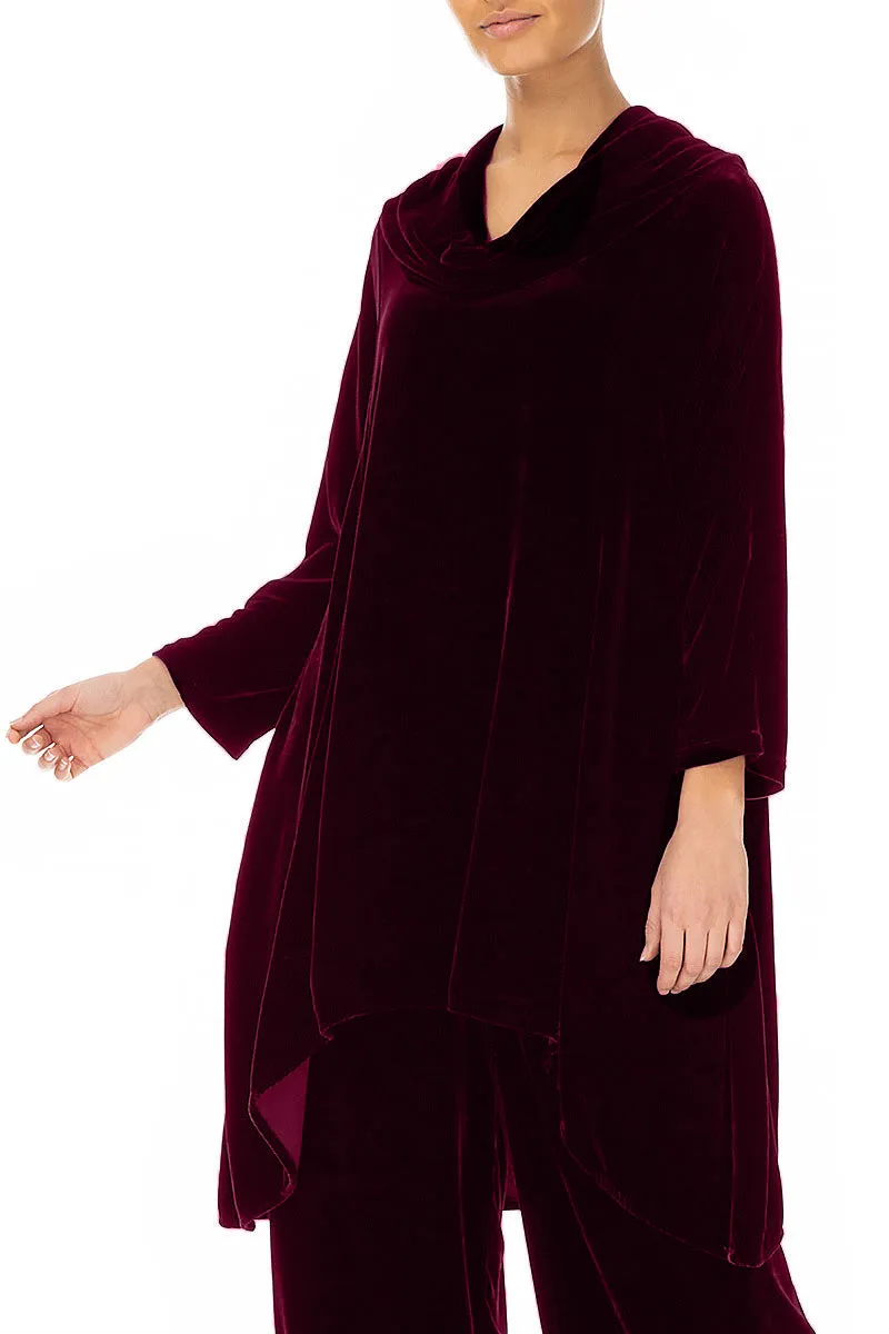 Cowl Neck Asymmetric Magenta Silk Velvet Tunic