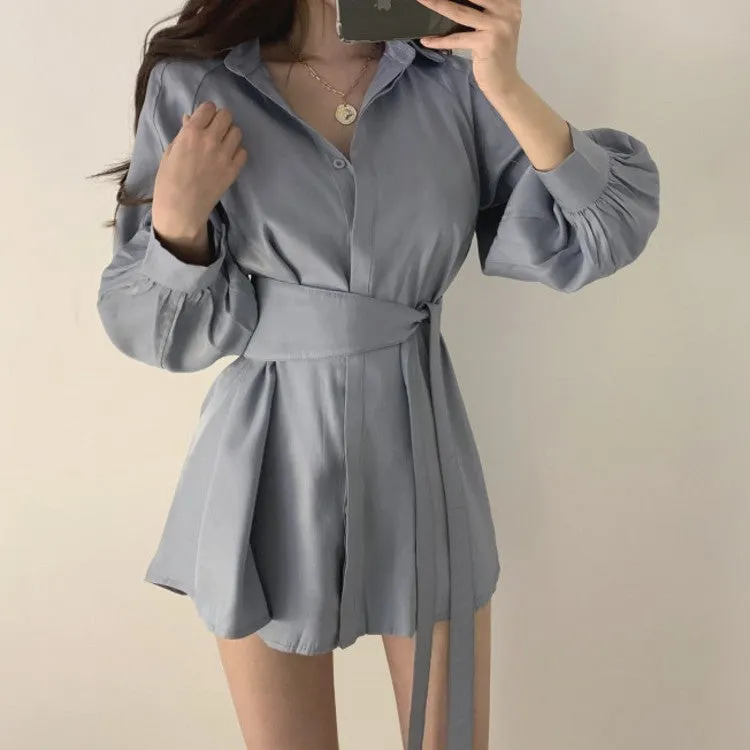 deanwangkt Women White Long Shirts Shorts Two Piece Sets Lantern Sleeve Belt Blouse   Mini Pant Suits  Summer Fashion OL Clothing Set