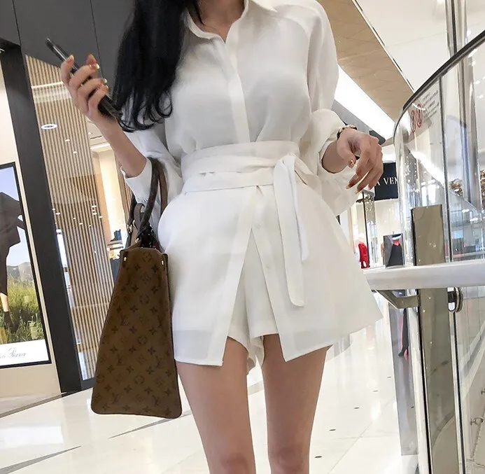 deanwangkt Women White Long Shirts Shorts Two Piece Sets Lantern Sleeve Belt Blouse   Mini Pant Suits  Summer Fashion OL Clothing Set