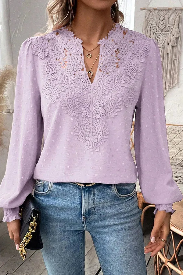 Elegant Lace Paneled Long-sleeved V-neck Shirt Top