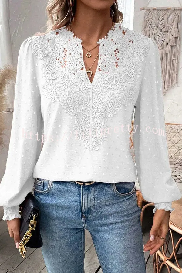 Elegant Lace Paneled Long-sleeved V-neck Shirt Top