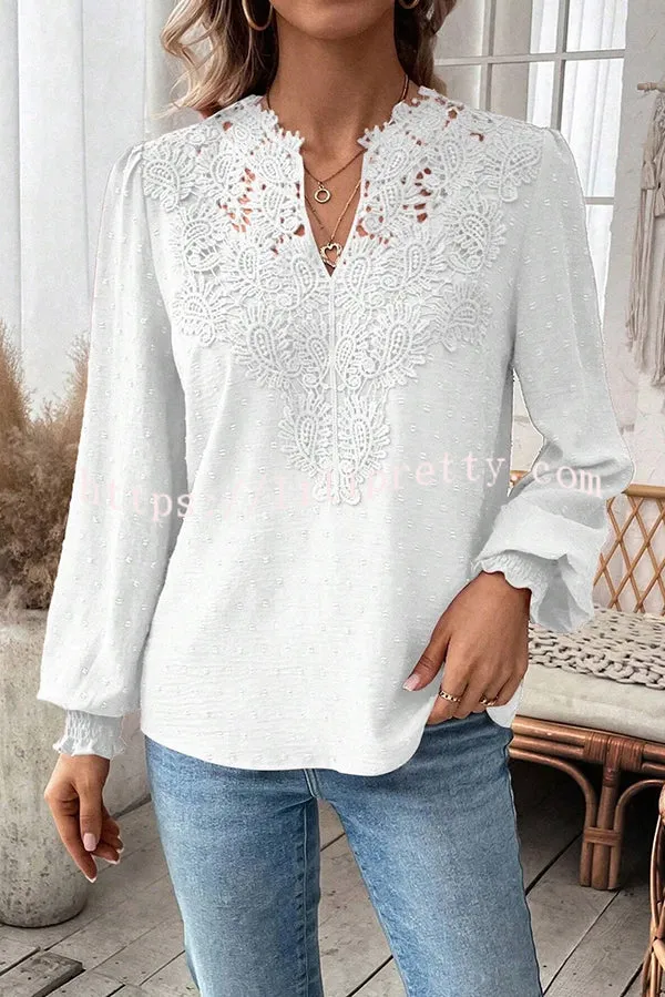 Elegant Lace Paneled Long-sleeved V-neck Shirt Top