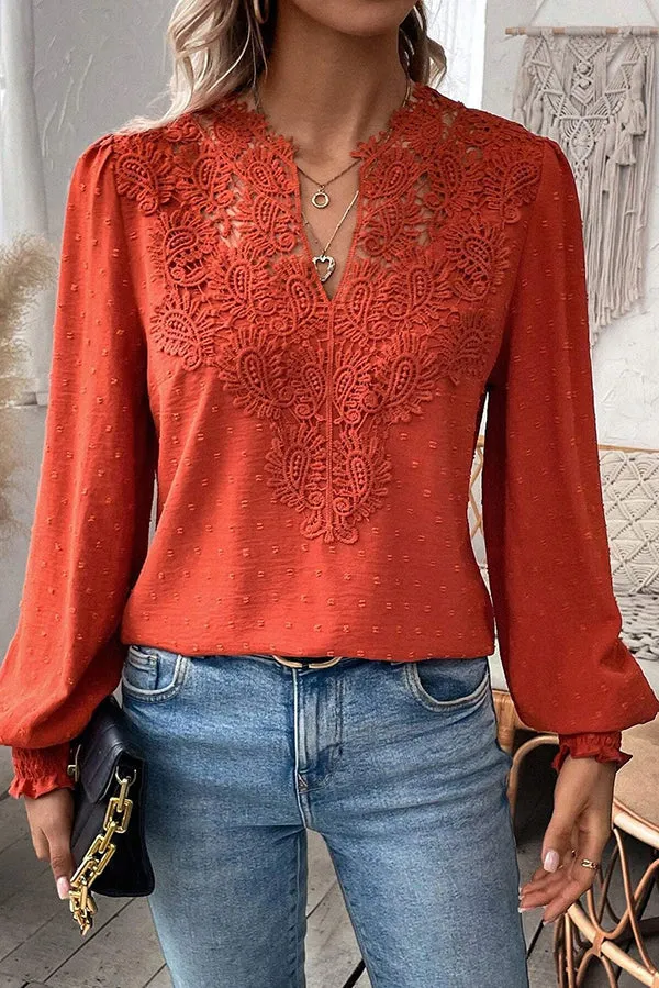 Elegant Lace Paneled Long-sleeved V-neck Shirt Top