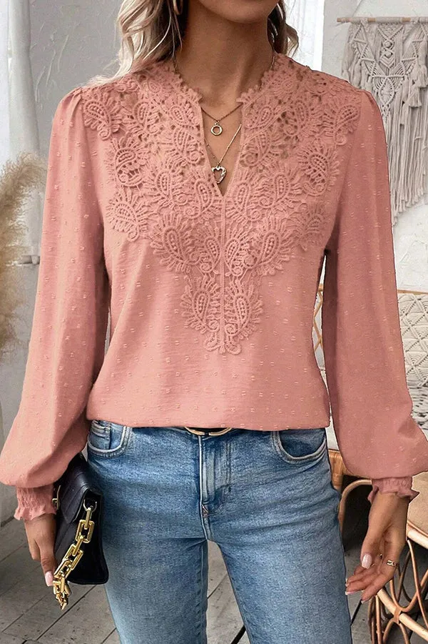 Elegant Lace Paneled Long-sleeved V-neck Shirt Top