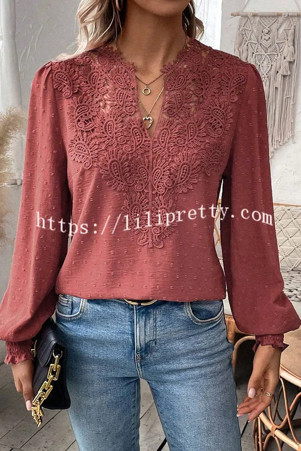 Elegant Lace Paneled Long-sleeved V-neck Shirt Top