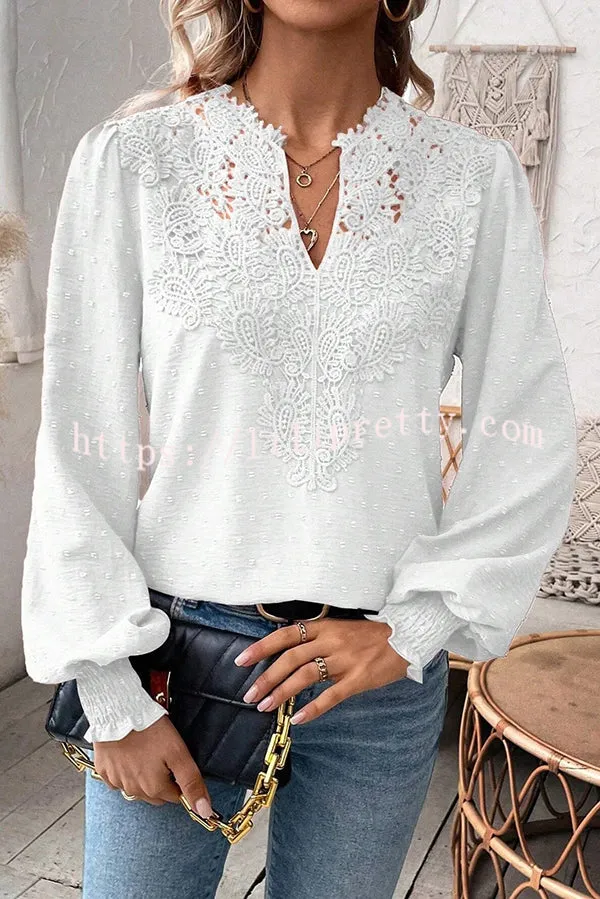 Elegant Lace Paneled Long-sleeved V-neck Shirt Top