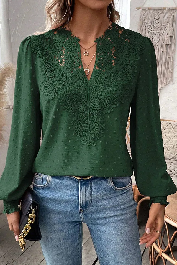 Elegant Lace Paneled Long-sleeved V-neck Shirt Top