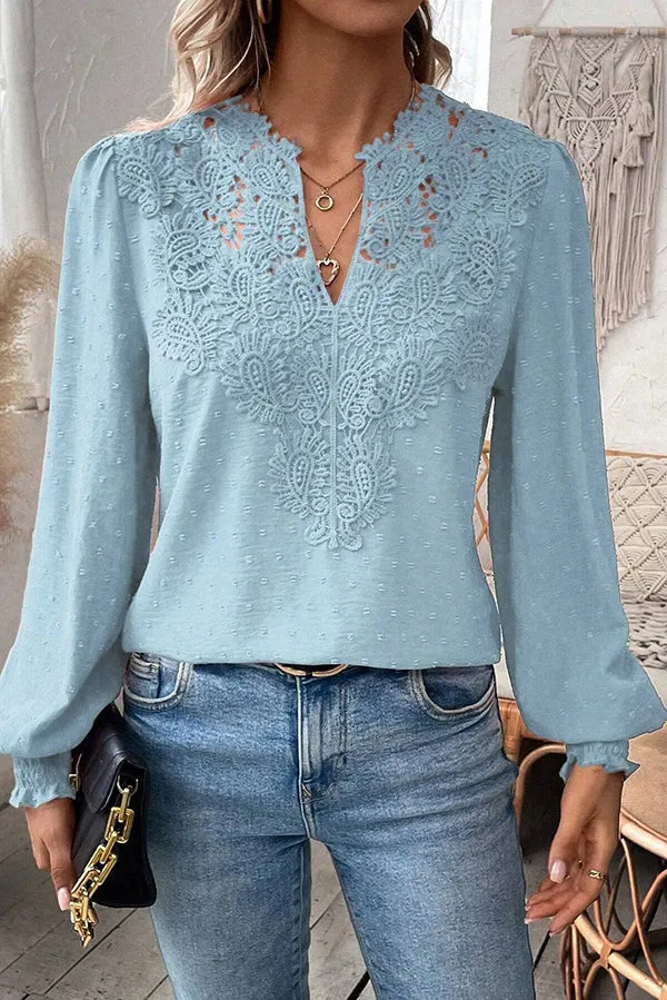 Elegant Lace Paneled Long-sleeved V-neck Shirt Top