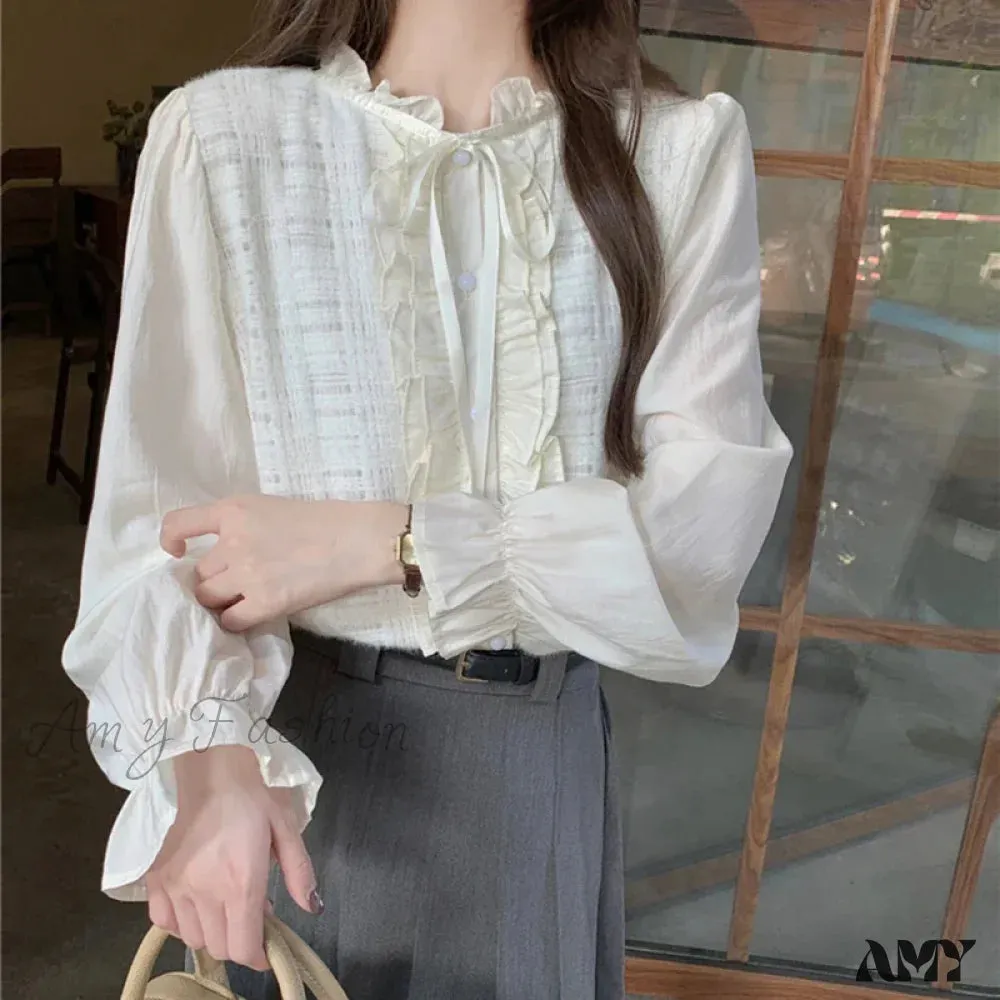 Elegant Lace Trim O-Neck Fall Sweet Cute Blouse