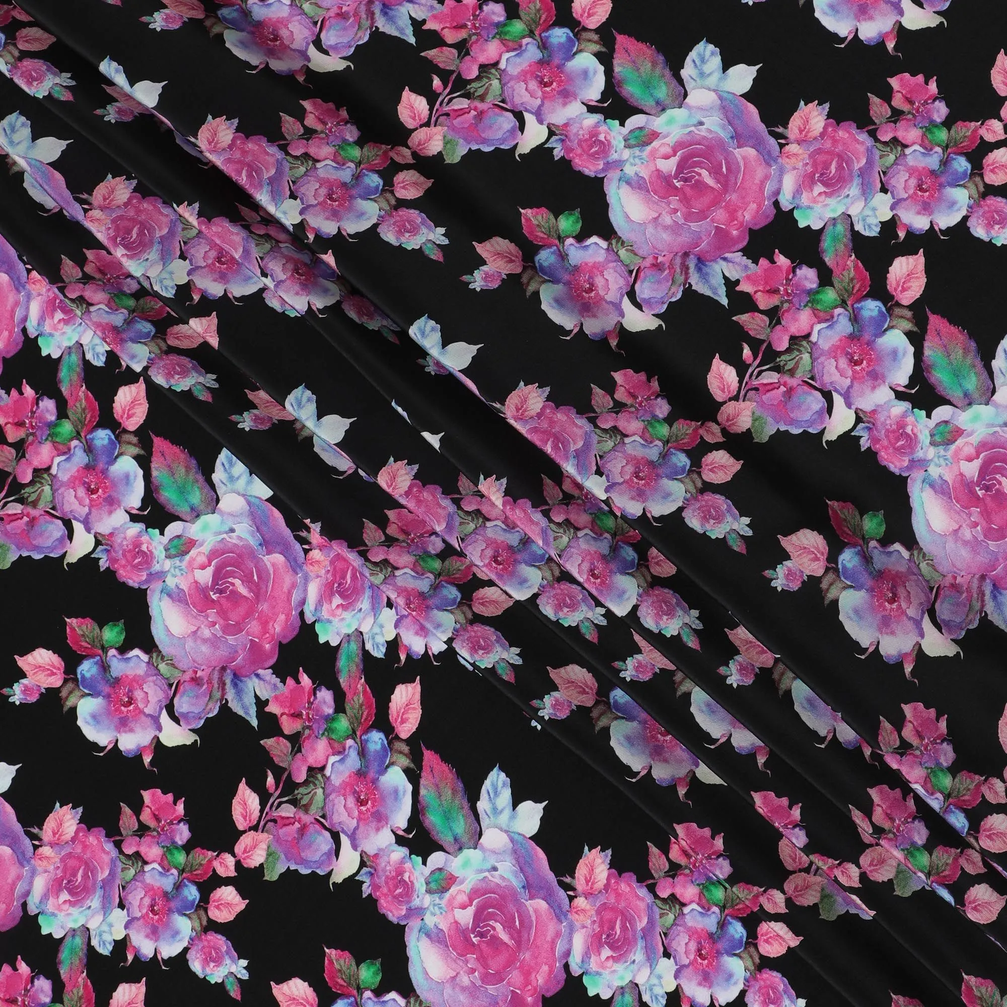 Enchanted Rose Symphony Viscose Fabric, 110 cm Width - Deep Pink Blooms on Midnight Black-D18734